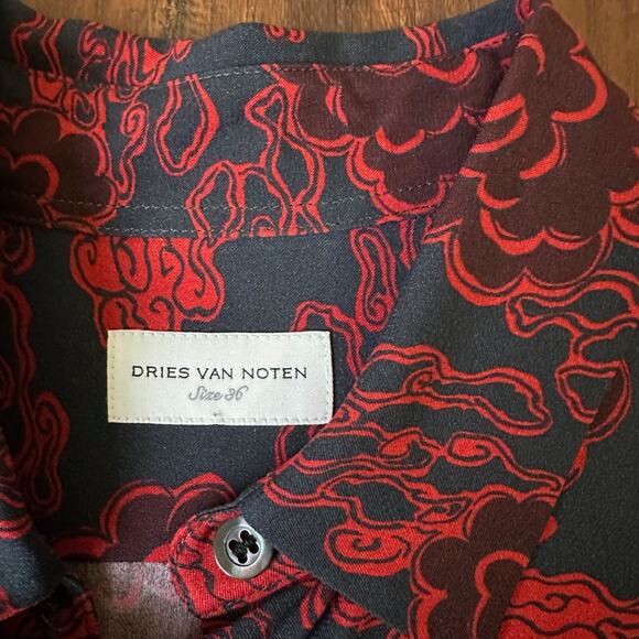 DRIES VAN NOTEN Cloud Print Top Black Red Pleated Peplum Blouse - Picture 8 of 13